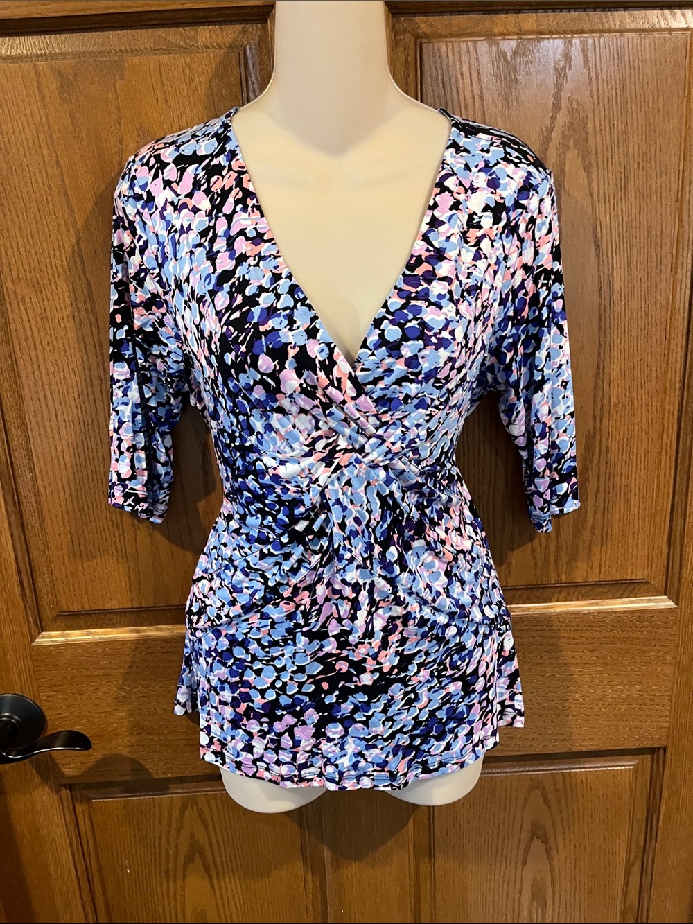 Women’s V-Neck Wrap Top in Multi-Color Print.